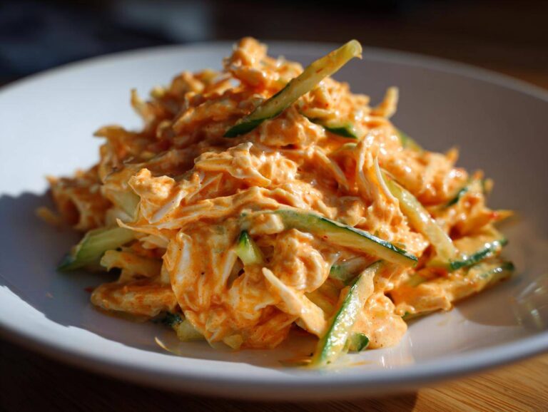 Close-up of a vibrant, creamy kani salad mixed with thin strips of green cucumber on a white plate.