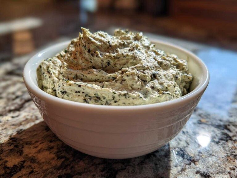 A close-up of thick, creamy olive dip speckled with herbs, served in a white bowl on a granite counter.