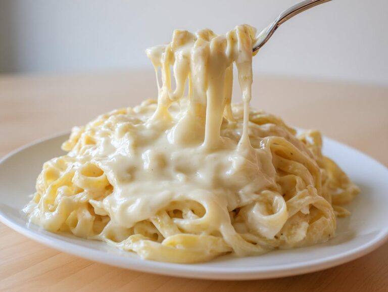 A fork lifting fettuccine noodles coated in thick, creamy olive garden alfredo sauce.