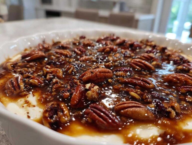 Close-up of a creamy pecan pie dip in a white dish, generously topped with glazed pecans and caramel sauce.