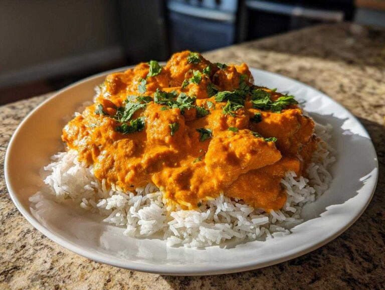 A close-up of creamy orange pumpkin curry served over a bed of fluffy white rice, garnished with fresh cilantro.