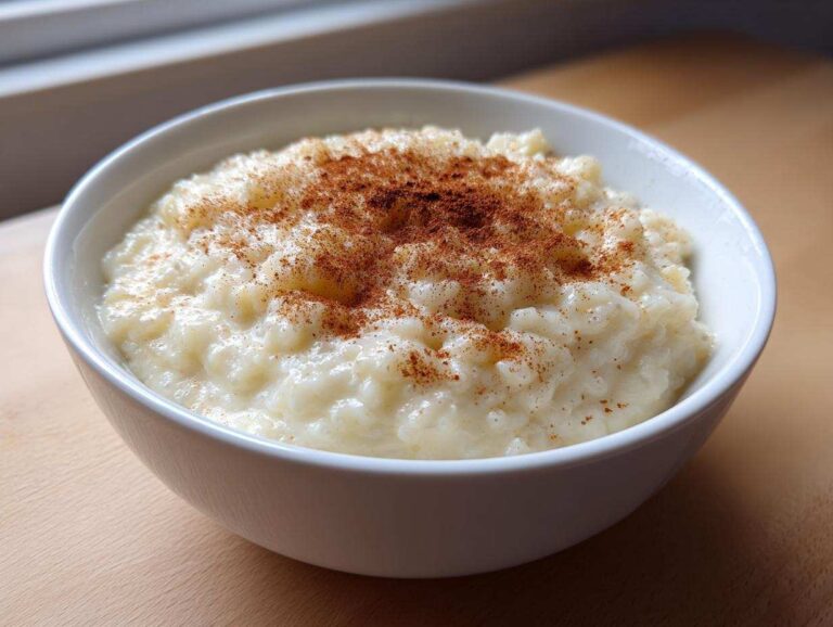 Close-up of a white bowl filled with creamy rice pudding recipe, generously dusted with ground cinnamon.
