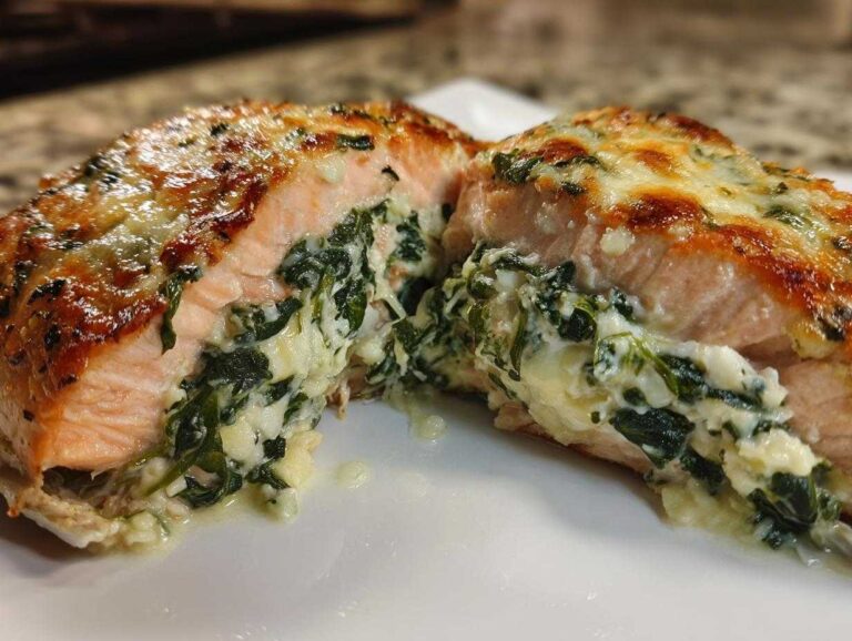 A close-up view of a baked stuffed salmon fillet cut in half, revealing creamy spinach filling and a melted cheese topping.