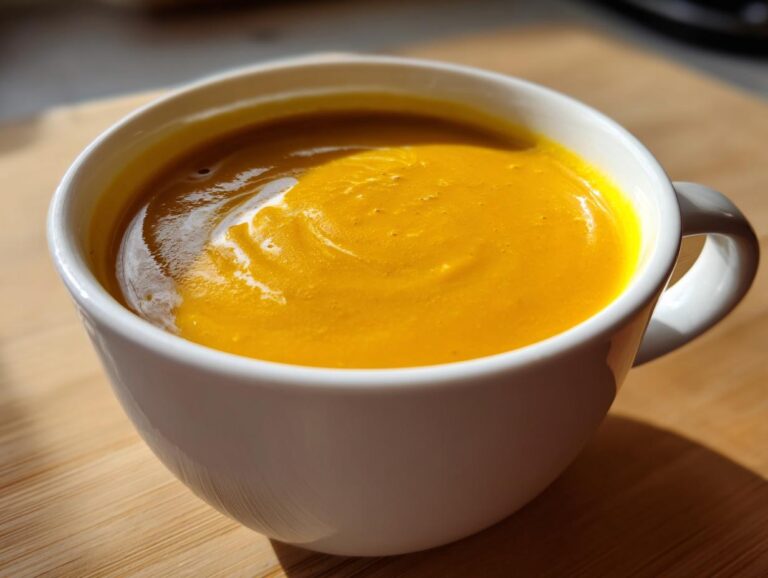 Close-up of a rich, vibrant orange squash soup topped with a swirl of cream in a white mug.