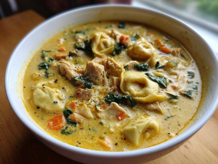 A close-up view of a hearty bowl of creamy tortellini soup, featuring cheese tortellini, shredded chicken, spinach, and carrots.