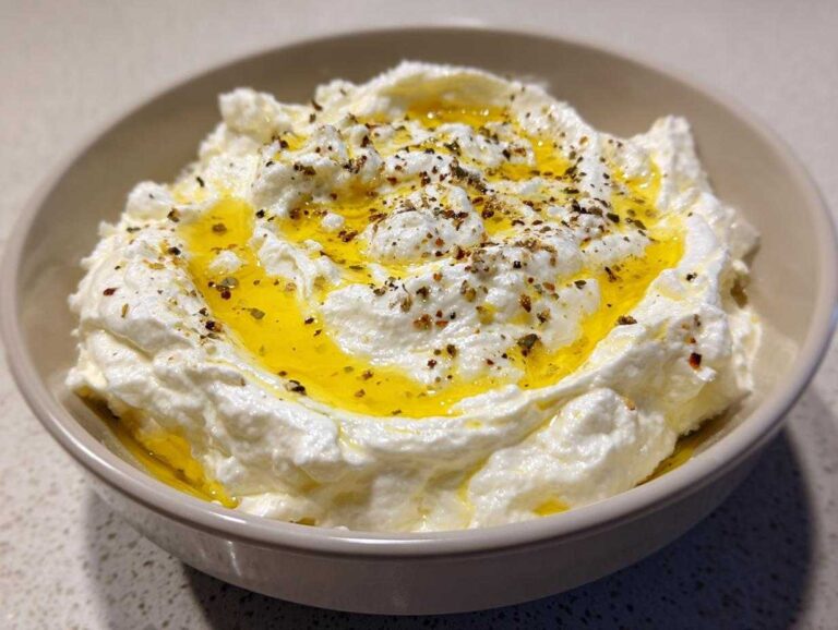 Close-up of creamy whipped feta dip in a bowl, drizzled with golden olive oil and sprinkled with herbs.
