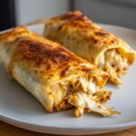 Two golden brown, crispy Baked Chicken Chimichangas oozing with shredded chicken and melted cheese on a light plate.