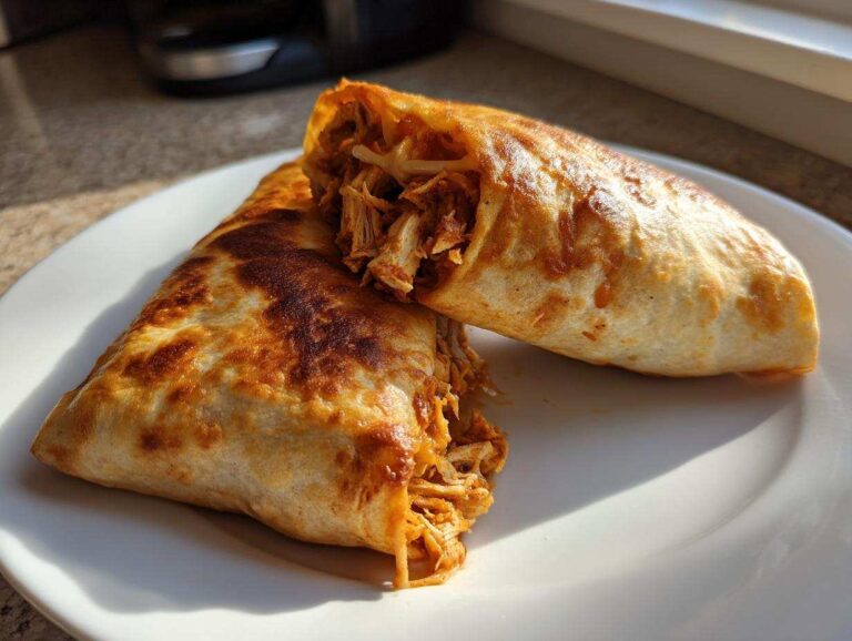 Two halves of a crispy Baked Chicken Chimichangas resting on a white plate, showing shredded chicken filling.