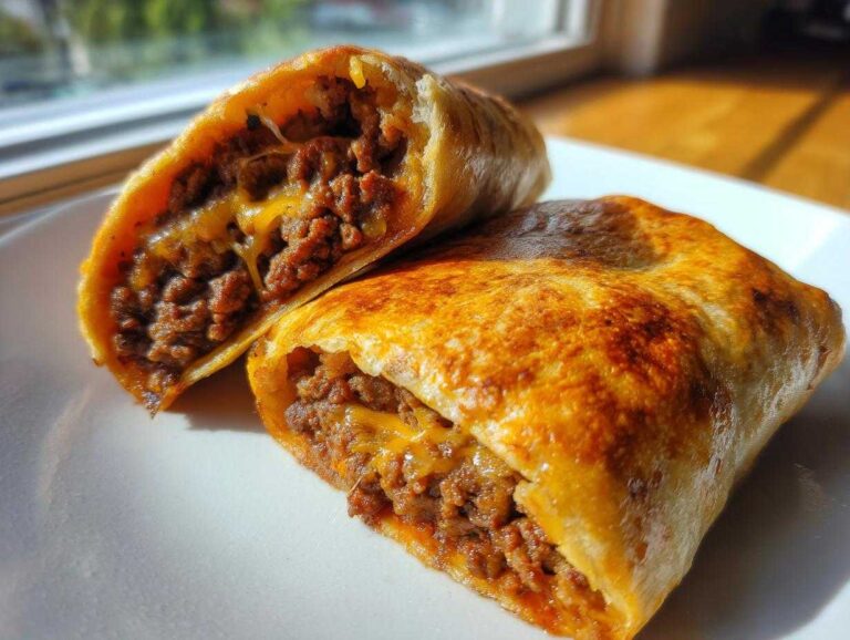 Close-up of two crispy beef Chimichangas cut in half, revealing seasoned ground beef and melted cheese.
