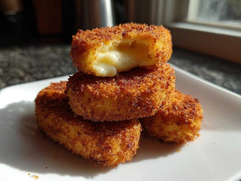 Three golden brown, crispy potato croquettes stacked on a white plate, with the top one broken open revealing melted cheese.