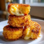 Close-up of three golden brown, crispy potato croquettes stacked, with the top one broken open revealing a gooey, melted cheese center.