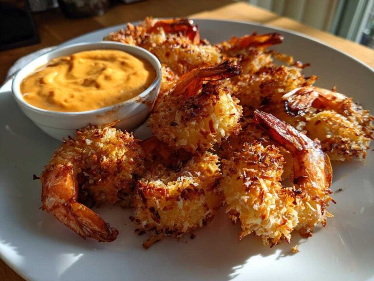 A plate of golden brown, crispy coconut shrimp served with a small bowl of orange dipping sauce.