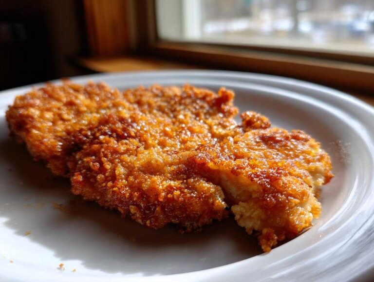 Close-up of a golden brown, crispy parmesan crusted chicken fillet resting on a white plate.