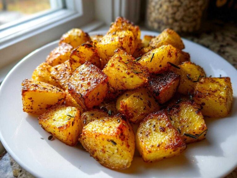A white plate piled high with golden brown, crispy roasted breakfast potatoes seasoned with herbs.