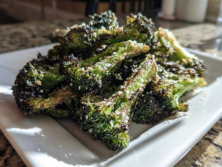 Close-up of perfectly roasted broccoli florets, slightly charred and sprinkled with grated Parmesan cheese.