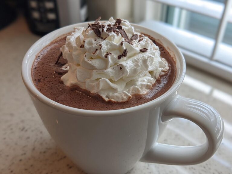 Close-up of a white mug filled with rich crockpot hot chocolate topped with whipped cream and chocolate shavings.