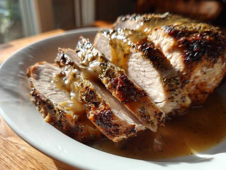 Slices of juicy crockpot turkey breast, seasoned and covered in savory gravy, resting on a white plate.
