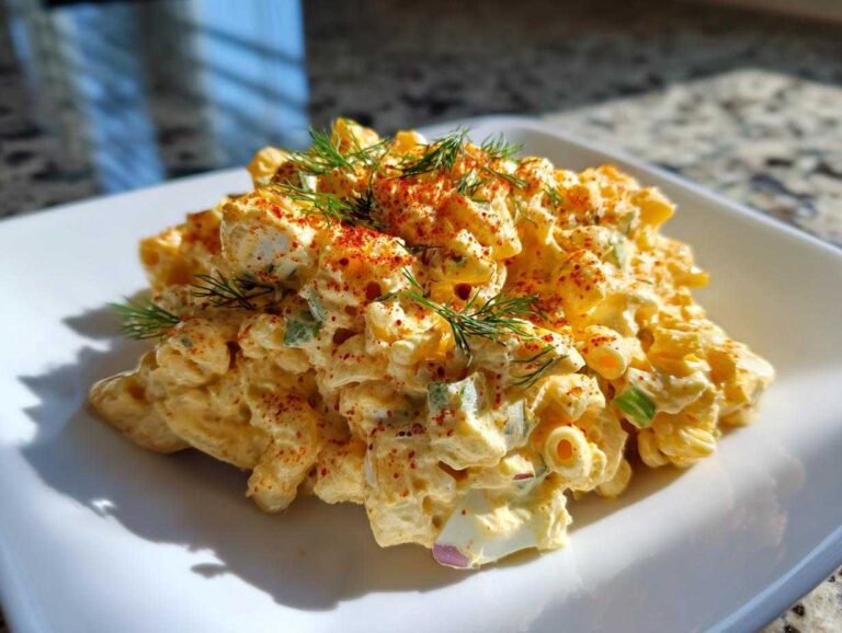 A mound of creamy deviled egg pasta salad, garnished with paprika and fresh dill, served on a square white plate.
