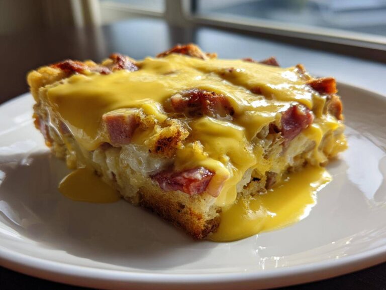 A generous slice of eggs benedict casserole topped with rich, yellow hollandaise sauce on a white plate.