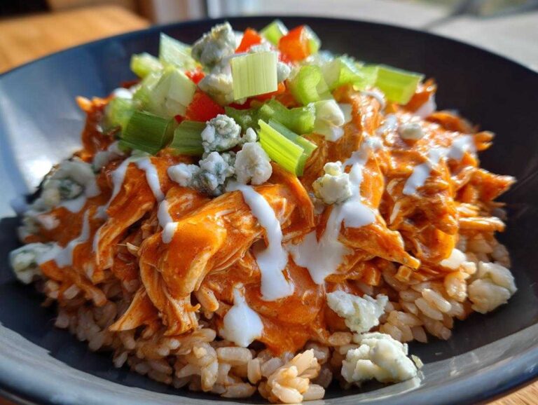 A vibrant buffalo chicken bowl featuring shredded orange buffalo chicken over rice, topped with blue cheese crumbles, ranch drizzle, and chopped celery.