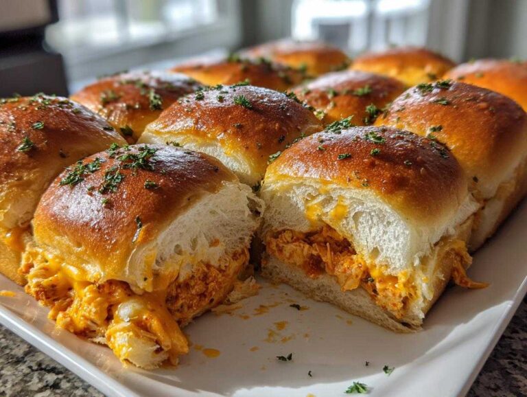 Close-up of baked buffalo chicken sliders with melted cheese oozing out, garnished with parsley.