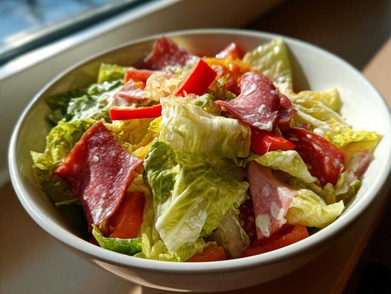 A close-up view of a fresh grinder salad featuring crisp lettuce, salami, red peppers, and creamy dressing in a white bowl.