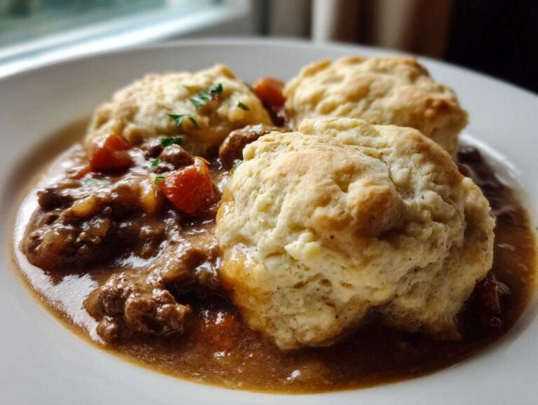 Close-up of three fluffy dumplings served atop a rich stew made with ground beef and carrots, a perfect ground beef and dumplings dish.