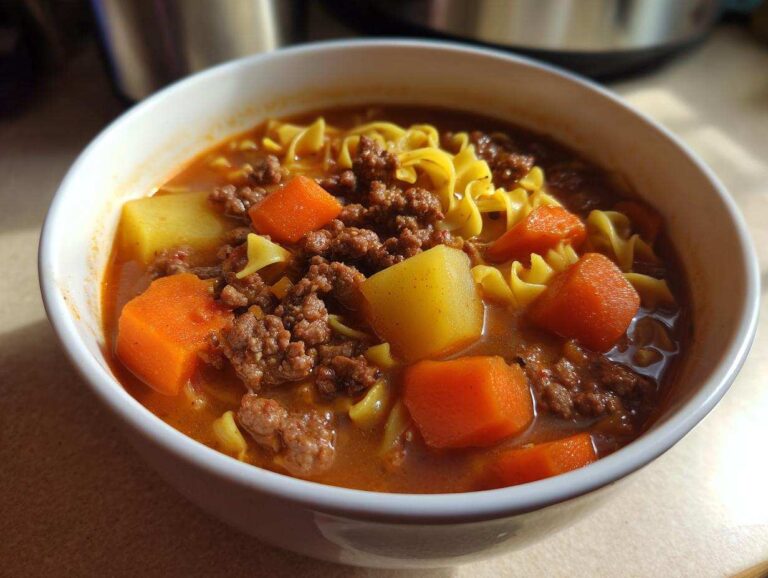 A close-up of a white bowl filled with rich hamburger soup featuring ground beef, carrots, potatoes, and egg noodles.