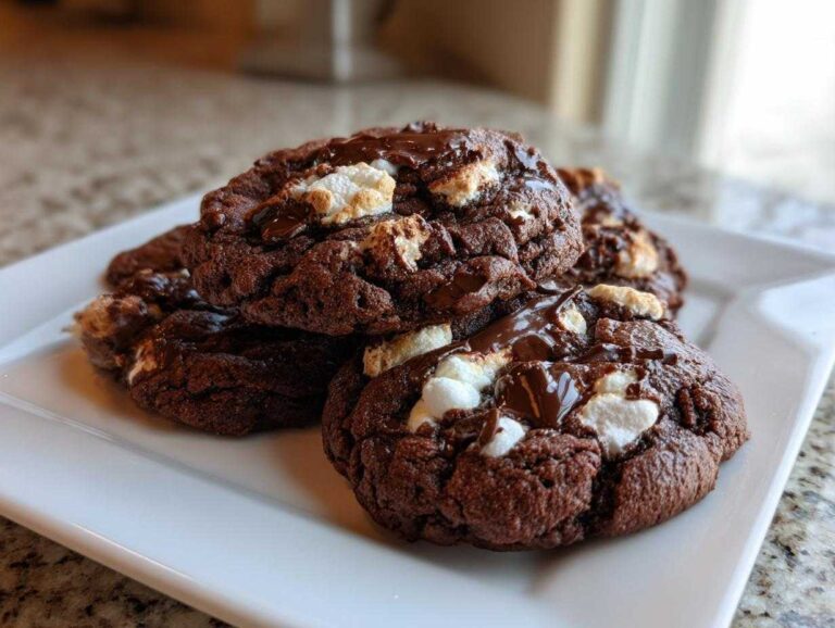 A stack of rich, dark hot chocolate cookies topped with melted chocolate and toasted marshmallows.
