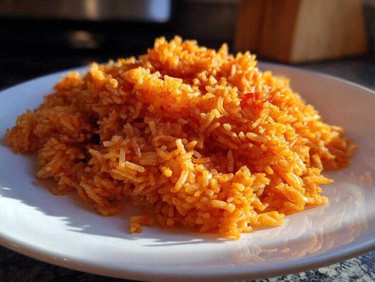 A close-up of fluffy, vibrant orange jollof rice piled high on a white plate, ready to eat.