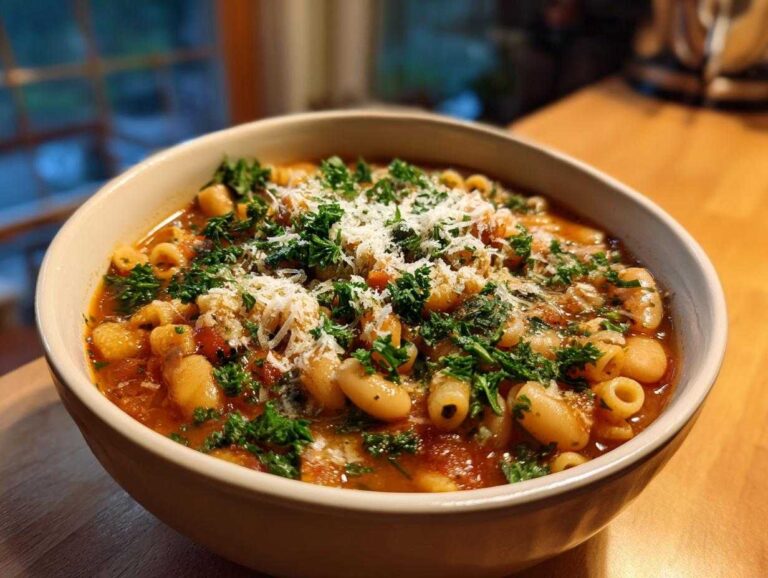 A close-up of a warm bowl of pasta e fagioli topped generously with grated Parmesan cheese and fresh parsley.