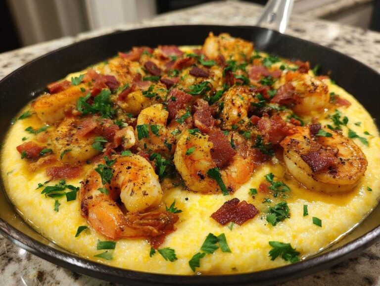 A close-up of savory shrimp and grits topped with crumbled bacon and fresh parsley in a black skillet.