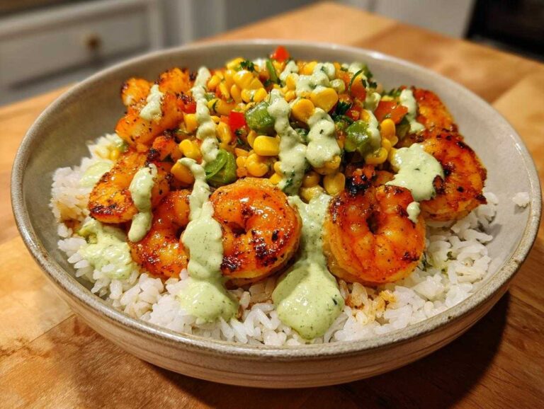 Close-up of a vibrant shrimp bowl featuring grilled shrimp over white rice, topped with corn salsa and a creamy green drizzle.