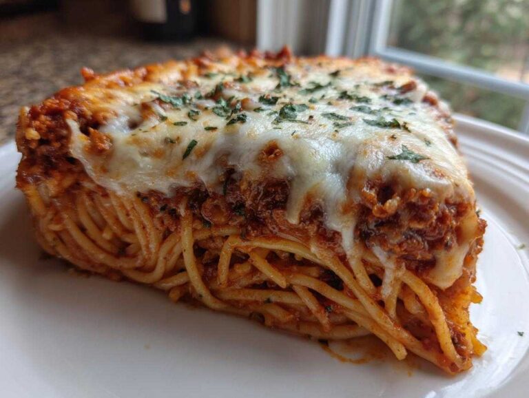 A thick, hearty slice of baked spaghetti pie topped with melted mozzarella and parsley.