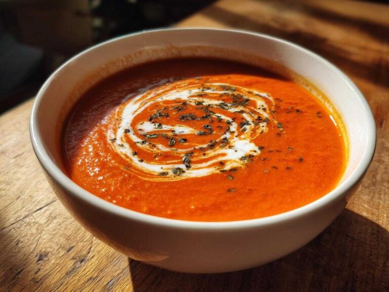 A vibrant bowl of creamy tomato basil soup, swirled with cream and sprinkled with dried herbs.
