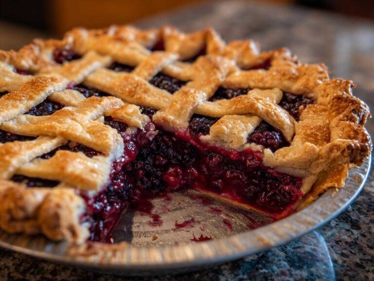 Close-up of a freshly baked blackberry pie with a slice removed, showing the juicy filling and golden lattice crust.