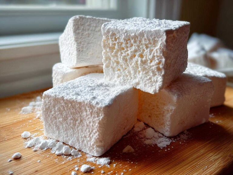 A stack of large, square homemade marshmallows dusted heavily with powdered sugar on a wooden board.
