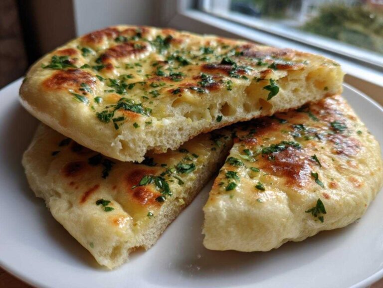 Close-up of two pieces of fluffy homemade naan bread, brushed with butter and topped with fresh parsley.