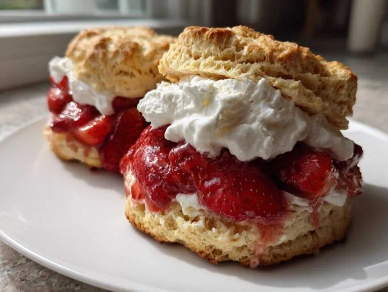 Two servings of fluffy shortcake filled with macerated strawberries and topped with whipped cream.