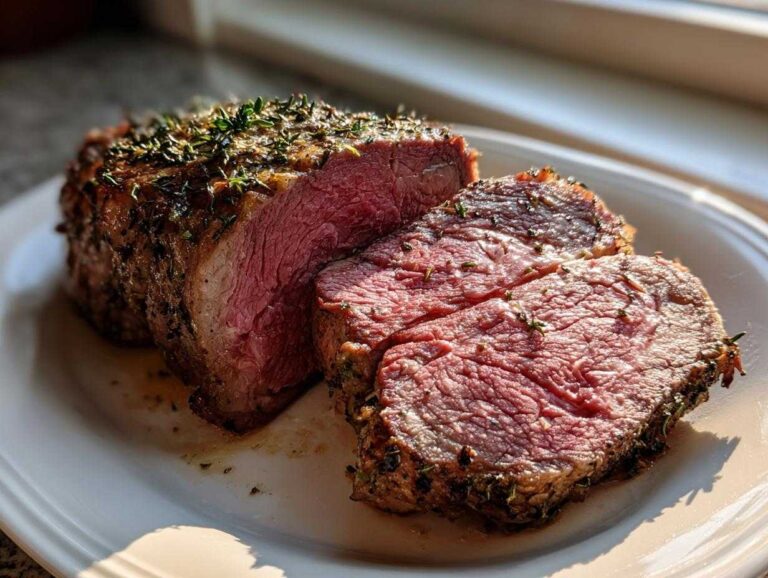 Close-up of a perfectly cooked prime rib recipe roast, sliced to show a medium-rare center and herb crust.