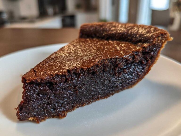 A close-up shot of a rich, fudgy slice of chocolate chess pie on a white plate.