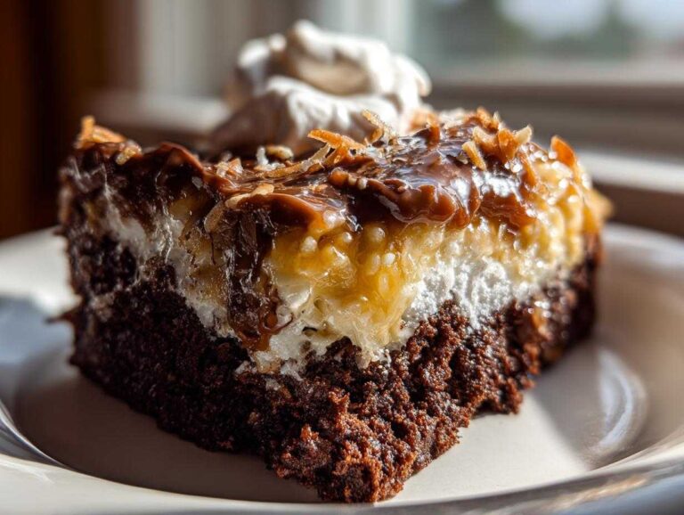 Close-up of a slice of german chocolate poke cake showing rich chocolate base, white filling, and gooey caramel coconut topping.