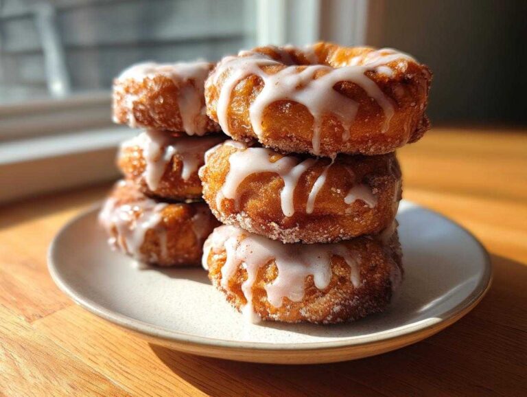 A stack of five golden brown baked apple fritters drizzled with white glaze, sitting on a small plate.
