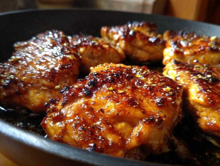 Close-up of juicy chicken pieces perfectly seared in a pan, coated in a rich glaze from the best chicken marinade.