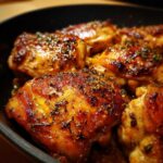 Close-up of juicy, glazed chicken thighs coated in herbs, showing the results of a great chicken marinade.