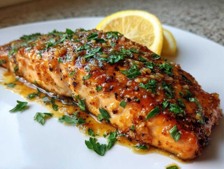 Close-up of a perfectly cooked salmon recipe fillet covered in a sweet, garlicky glaze and fresh parsley.