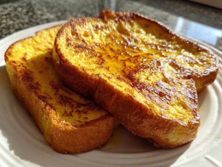 Two golden-brown slices of easy french toast, glistening with syrup, resting on a white plate.