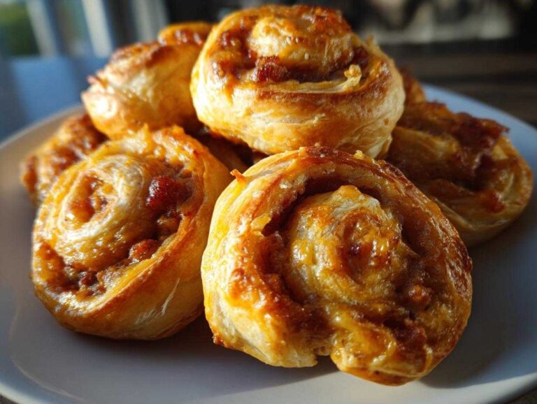 A close-up of several golden brown, flaky sausage pinwheels stacked on a white plate.