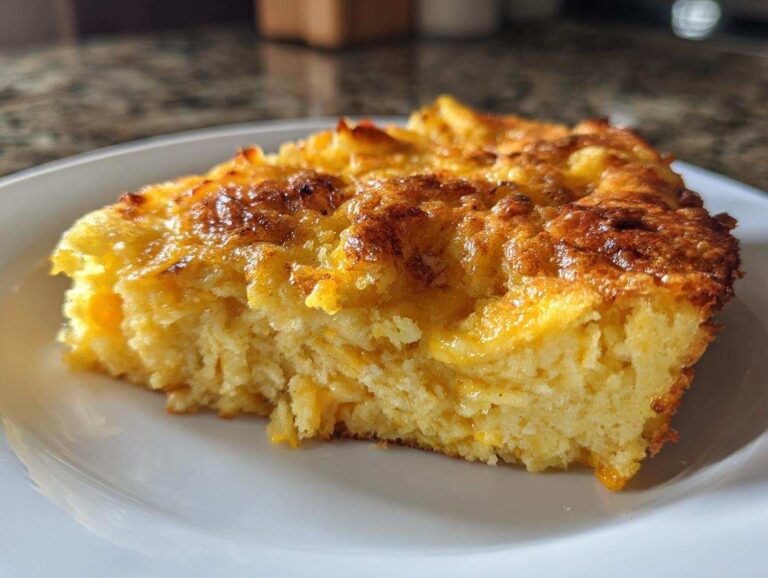 A close-up of a moist, golden slice of cornbread casserole with a browned, slightly crispy top, served on a white plate.