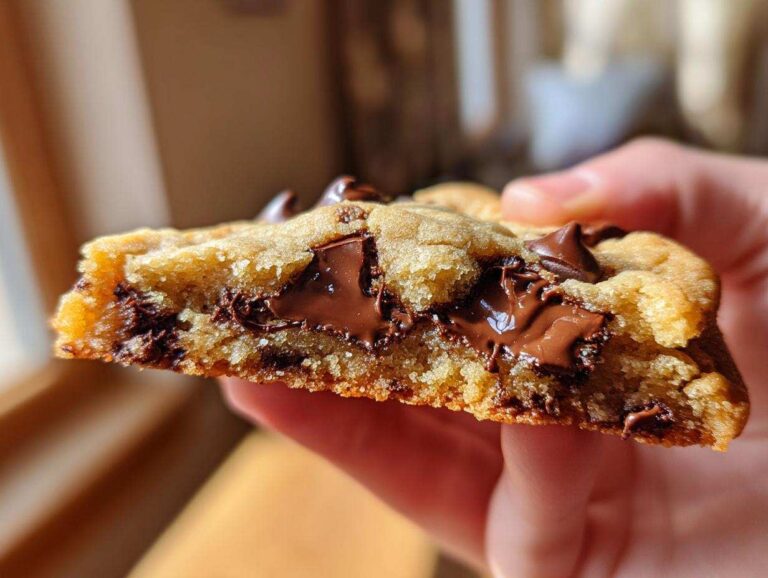 Close-up of a thick homemade chocolate chip cookie broken in half showing gooey, melted chocolate chips.